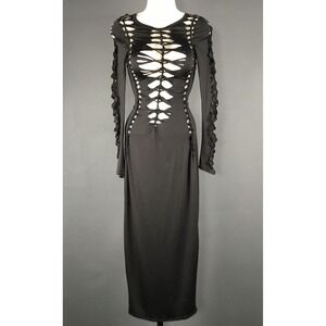 Black Cutout Maxi Dress Womens Medium Long Sleeve Bodycon Gothic Cosplay Ruffle
